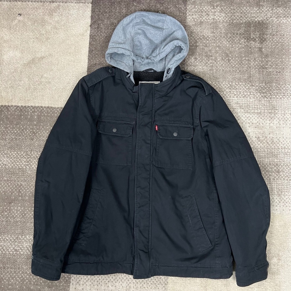 Levi's Black Cotton Hooded Utility Jacket Sherpa Lined Trucker Mens Size XL